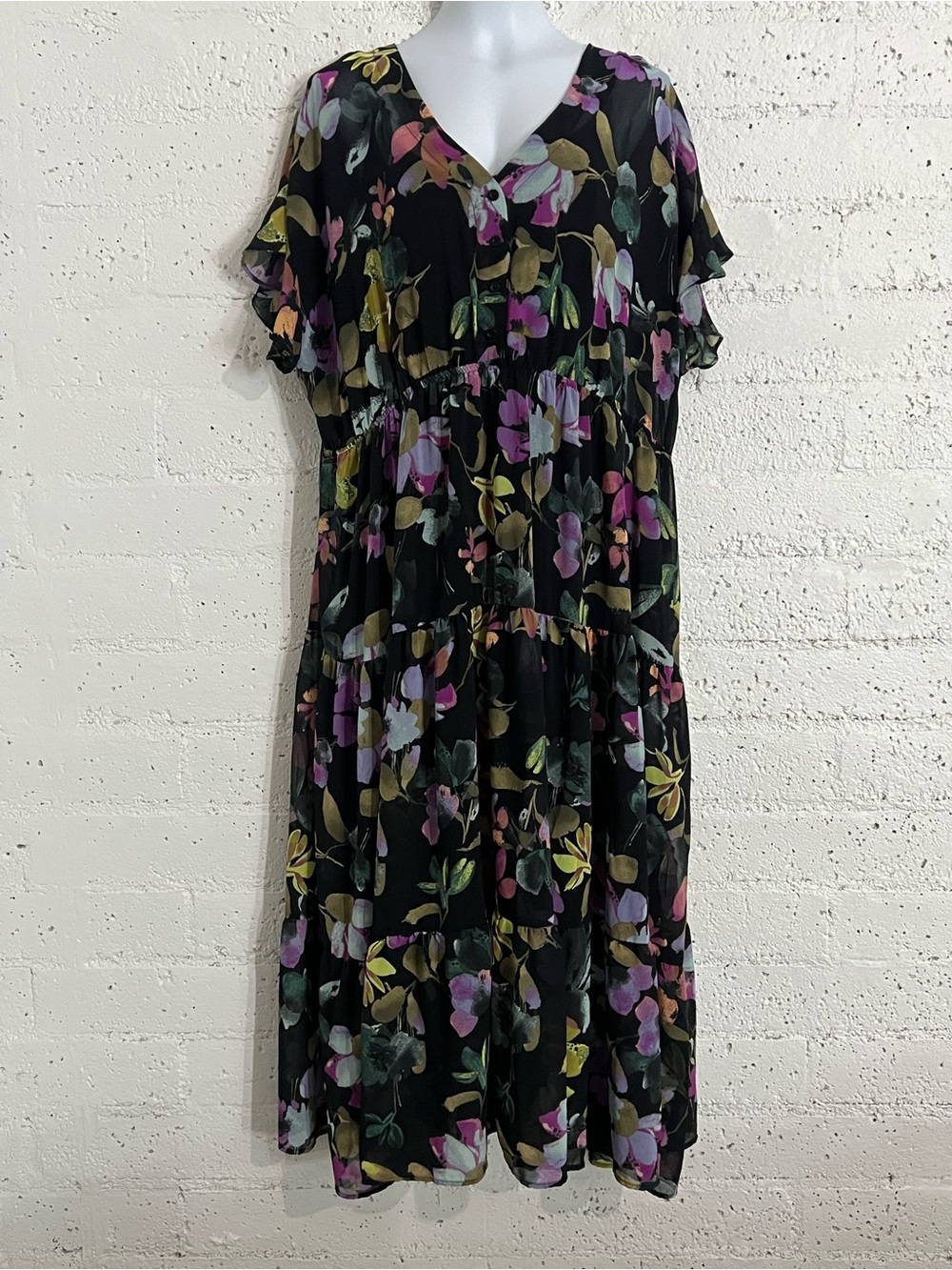Ava & Viv Womens Plus Maxi Dress 2X Black Floral Flutter Sleeve Modesty Slip D12